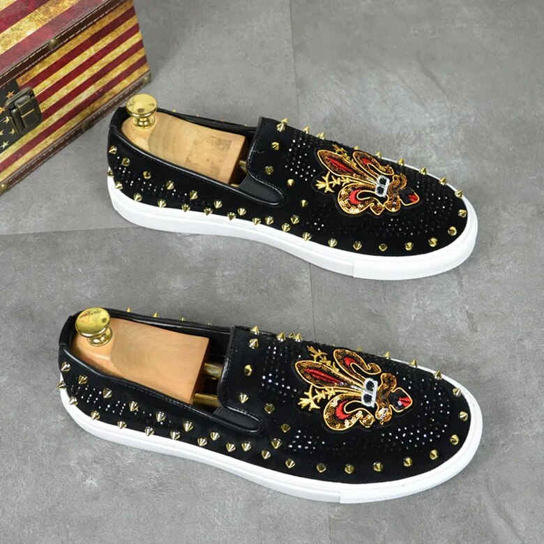 Chaussures en cuir rivets brodés pour hommes, mocassins à enfiler, chaussures plates décontractées, baskets loisirs,_voghion.com