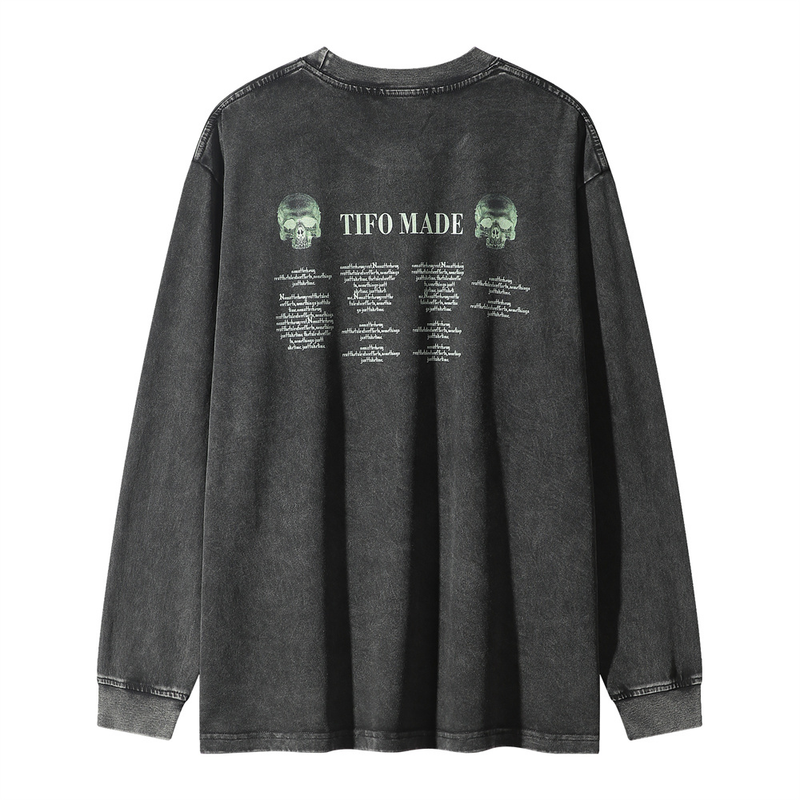 Abbigliamento maschile stile divertente teschio e ossa stampati, lavato per creare una vecchia maglietta a maniche lunghe_voghion.com