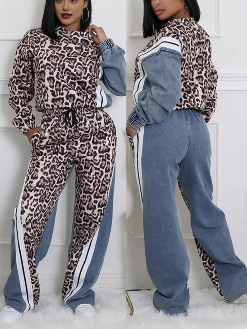 Women’s Clothing Spring And Autumn New Street Leopard Print Striped Color Matching Elastic Waist Loose Trousers Suit_voghion.com