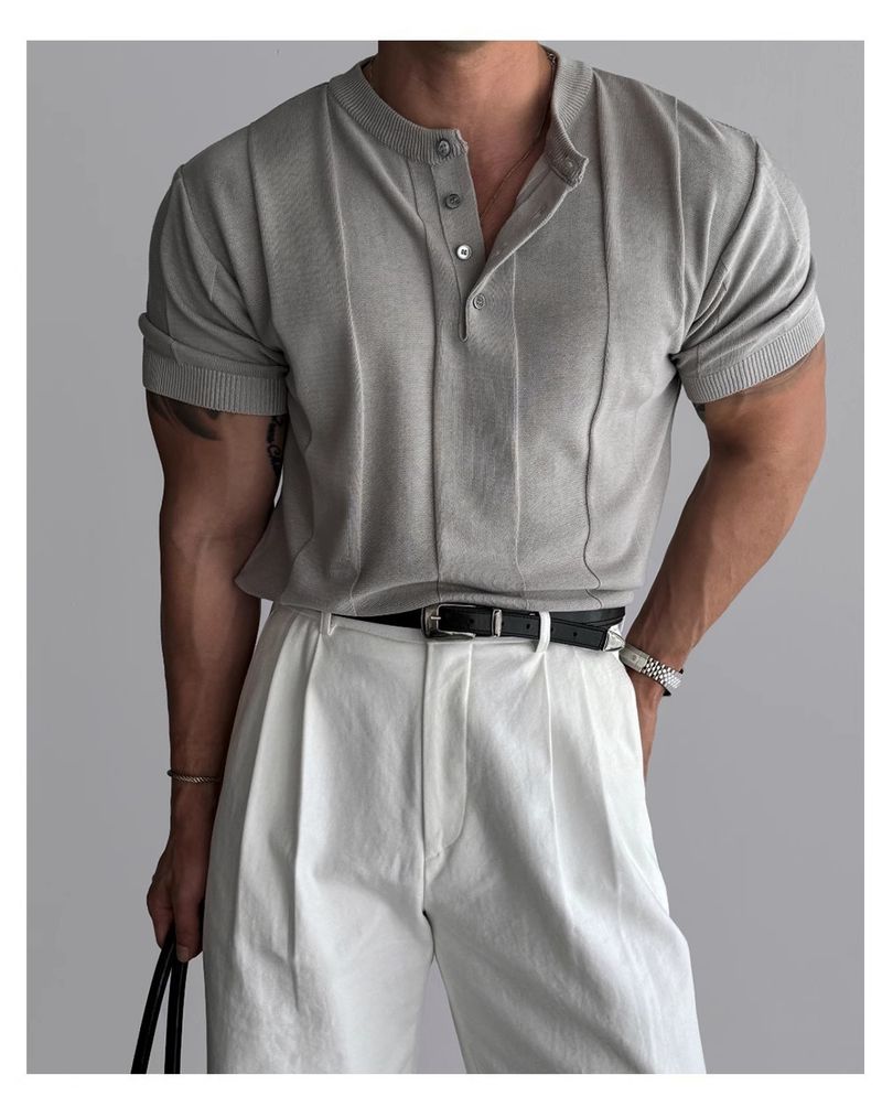 Henry Collar Slim Fit Knitted Short Sleeved T Shirt For Men 2025 Summer New Style Light Mature Style Business Commuting All Match T Shirt_voghion.com