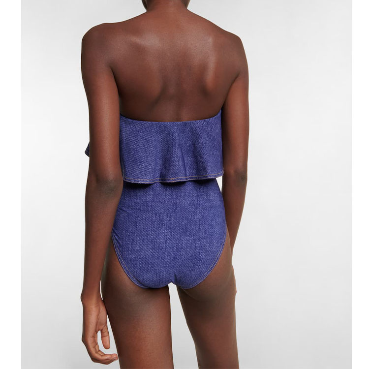 Women's new one-piece swimsuit ruffled bandeau denim swimsuit suit women hot style_voghion.com