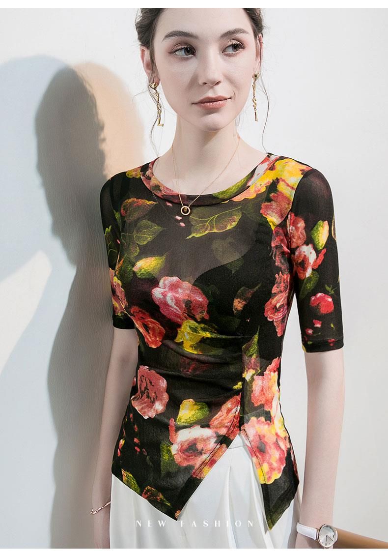 Women's printed gauze see-through base shirt five-quarter sleeve sweet spicy foreign style design T-shirt small_voghion.com