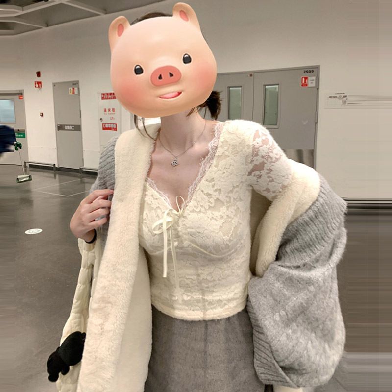 Ragazza 2025 Primavera Nuova Pure Desire Maglietta a maniche lunghe con scollo a V in pizzo bianco per donna, top aderente per strato di base autunnale e invernale_voghion.com