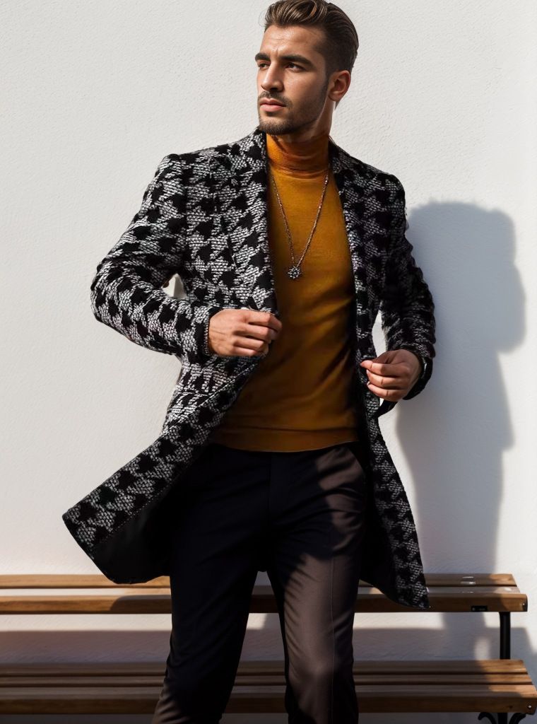 Herrenbekleidung Herbst- und Winterstil Mittellanger Anzugkragen Modedruck Herrenmanteljacke Retro-Mode_voghion.com