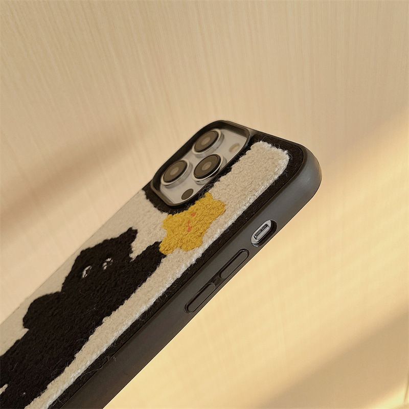 Custodia per cellulare in peluche con stella ricamata e gatto nero per iPhone 15 Promax 16, 13 carino 12_voghion.com