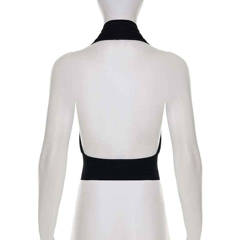 Damenbekleidung Sommer Star Style Einfarbig Neckholder V-Ausschnitt Strickweste Damen Knopftaille Sexy Großes rückenfreies Oberteil_voghion.com
