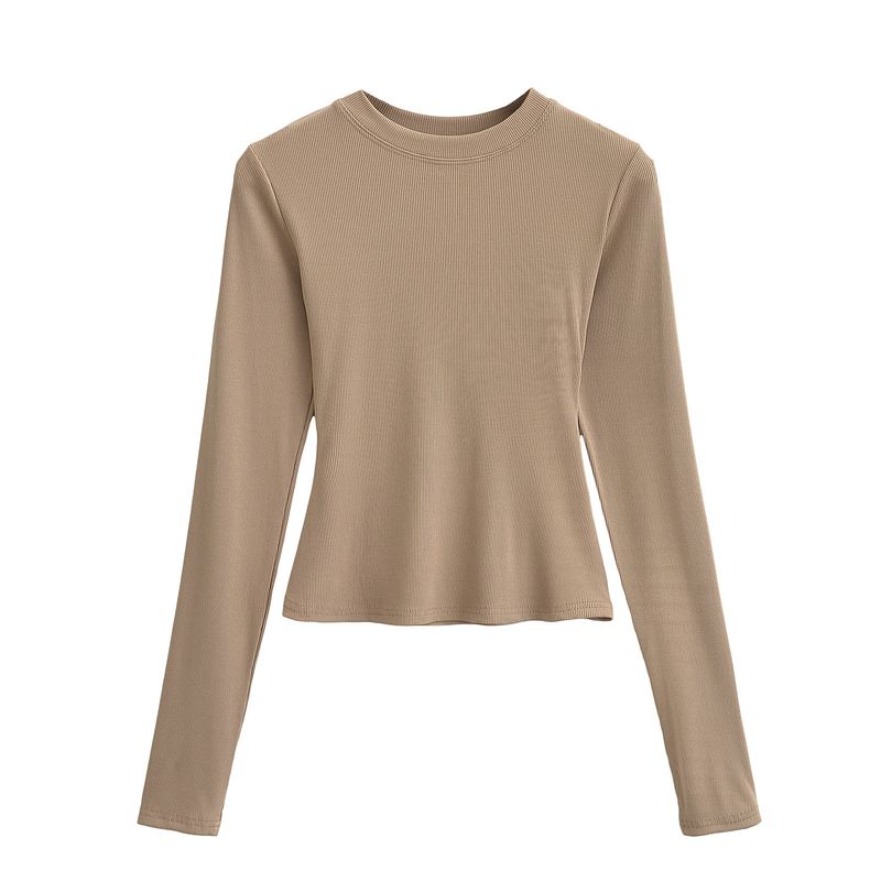 Kim Kardashian Kento Round Neck Base Shirt For Women's Sring Tight Fitting T-shirt Long Sleeved Slim Fit Solid Color_voghion.com