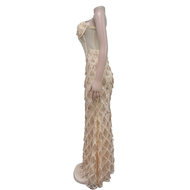 Women's Solid Color Sequin Sexy Suspender Long Skirt Dress_voghion.com