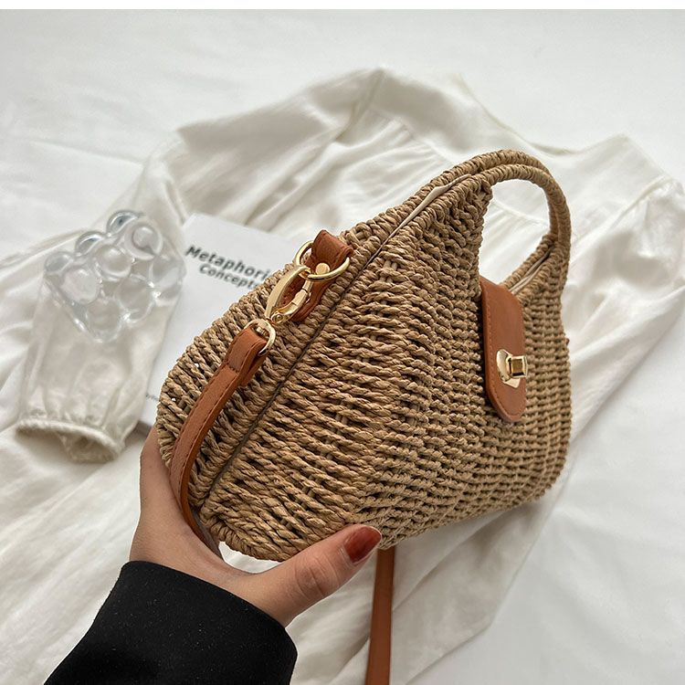 Sommarstråväska för kvinnor liten vävd handgjord design handväska damtote semester strand rotting fritid axelväska_voghion.com