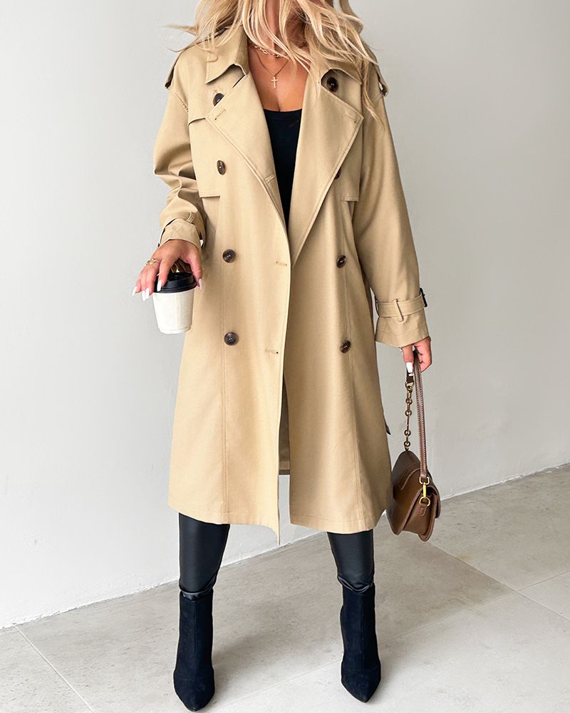 Klassischer Khaki-Trenchcoat für Damen mit Gürtel – Langer Mantel in schmaler Passform für Büro und Freizeit_voghion.com
