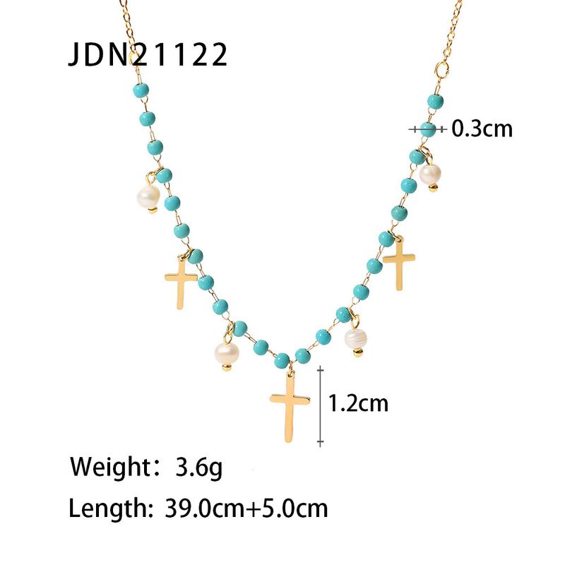 Francês Novo Popular Feminino Azul Pedra Arroz Cruz Pérola de Água Doce Colar Pingente Borla_voghion.com