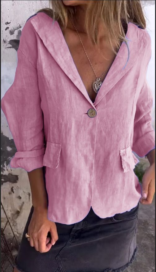 Blazer piccolo in cotone e lino, versatile, taglie forti, tinta unita, con bottoni, a maniche lunghe, primavera e autunno 2025_voghion.com