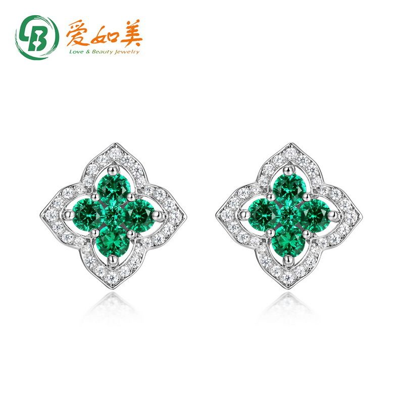 Orecchini a bottone in argento puro placcato oro con quadrifoglio in stile palazzo, smeraldo coltivato cavo, per donna_voghion.com