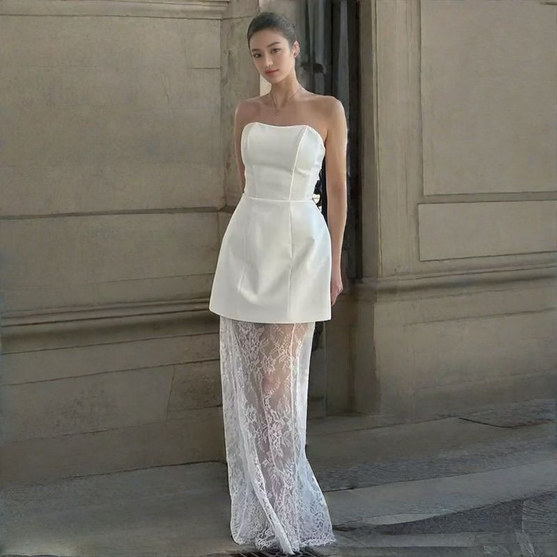 Roupas femininas elegantes, conjunto de saia longa de renda e cintura alta - top curto com ombros de fora e vestido longo fluido, conjunto de duas peças, corte slim formal/festa_voghion.com