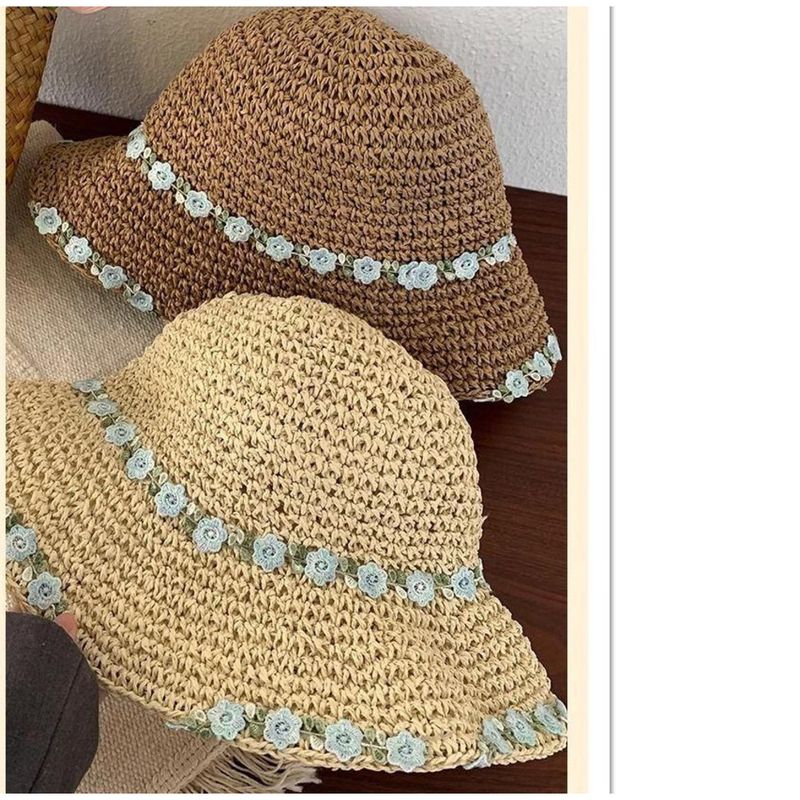 Cappello da pescatore in maglia con fiori blu, nuovo cappello da spiaggia in paglia larga, primavera 2025_voghion.com