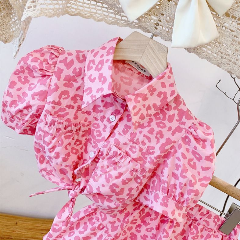 Vêtements pour enfants 2025 printemps et été nouvelle fille rose imprimé léopard taille haute haut et jupe ensemble_voghion.com