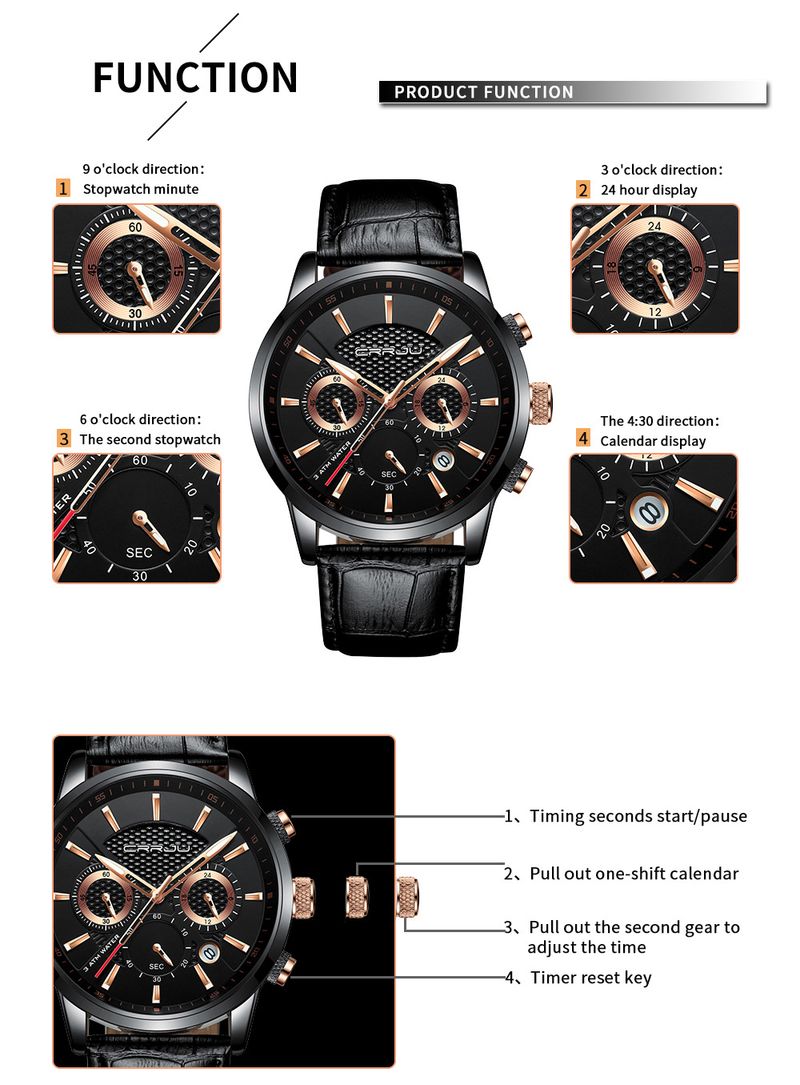 Men's Classic 6-Hand Quartz Watch With Date Function, Waterproof 30M, Casual Business Leather Strap Wristwatch Simple Business Calendar Watch_voghion.com