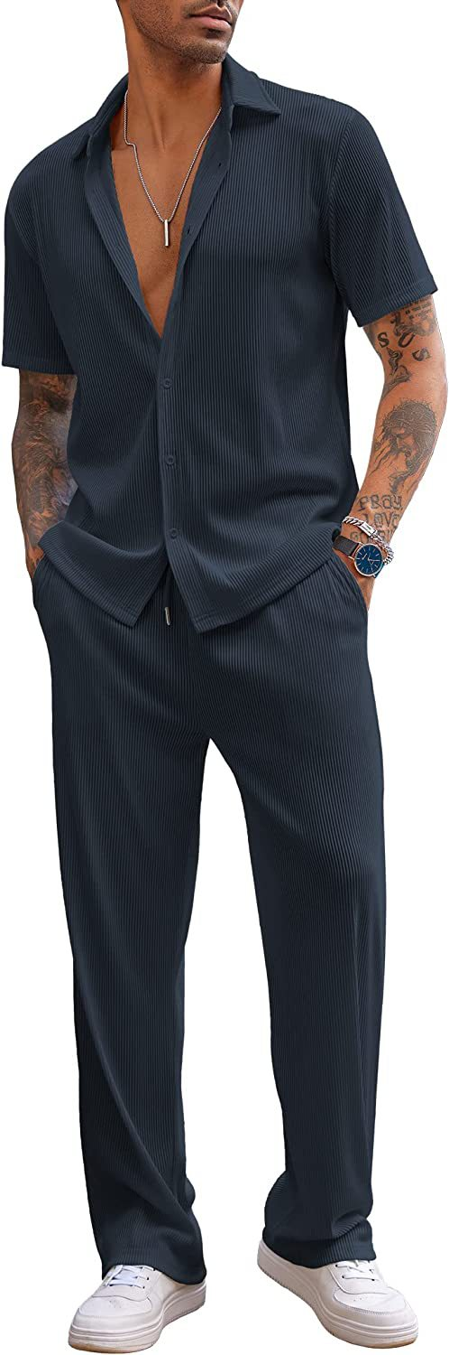 Calças compridas de manga curta de cor sólida masculina nova solta conjunto casual_voghion.com