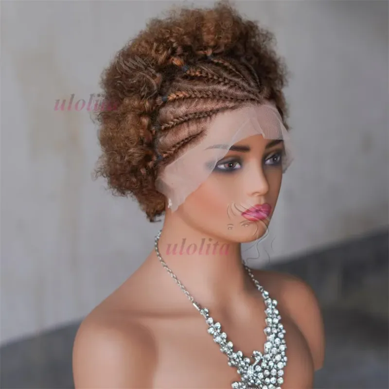 Afro Kinky Curly žmogaus plaukų perukas su kasytėmis 13x4 permatomas nėriniuotas priekis trumpas Bob perukas moterims_voghion.com