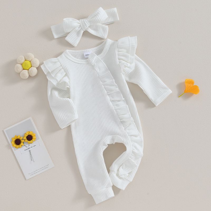 Pudcoco Infant Baby Girl Autumn Jumpsuit Solid Color Round Neck Flying Sleeve Ruffled Zipper Romper with Bow Headband 0-12M_voghion.com