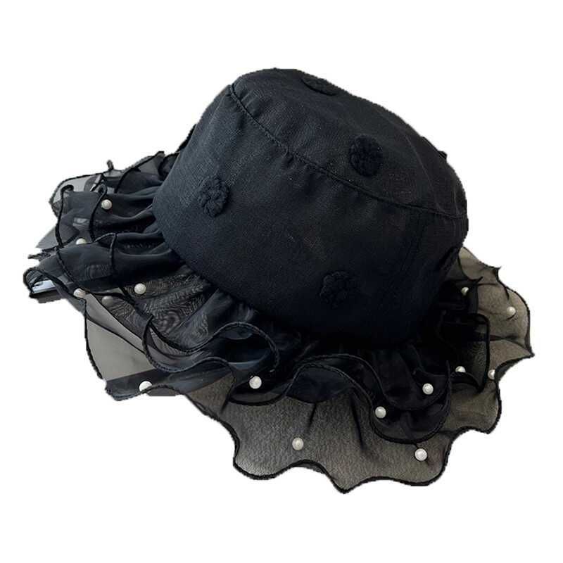 Cappello da pescatore con bordo piccolo Loli Pearl per bambini, da viaggio per scattare foto, parasole estivo, sottile, in rete, ondulato e traspirante, con bacino._voghion.com