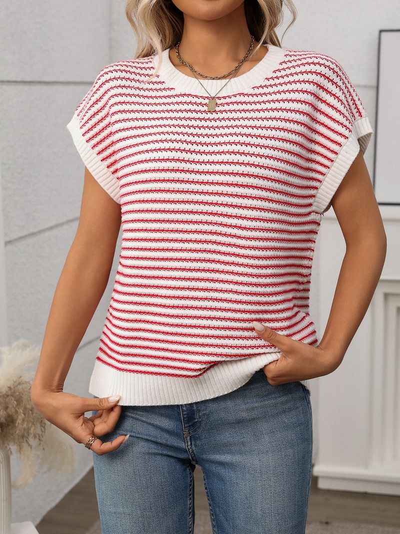Suéter feminino casual listrado de malha, gola redonda, boêmio, solto, com detalhes em crochê, manga 3/4, pulôver_voghion.com