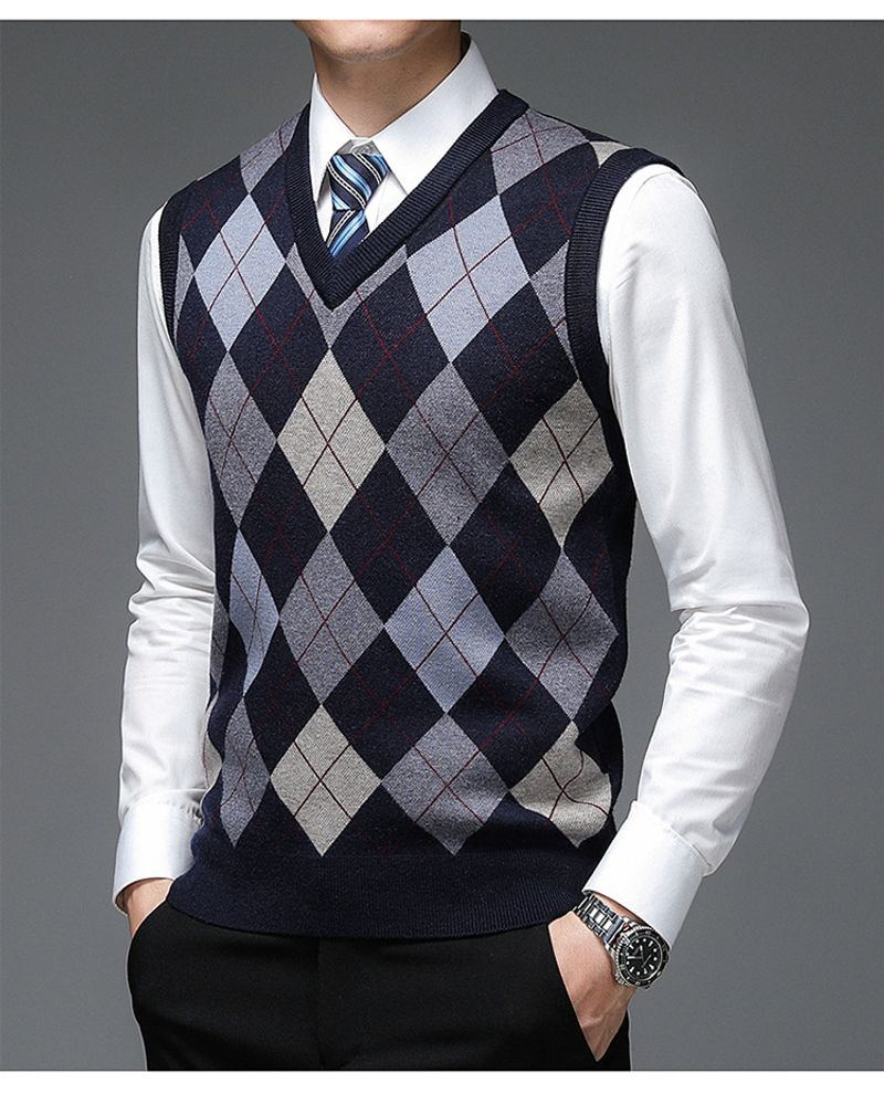Novo outono designer de moda marca argyle pulôver diamante camisola com decote em v malha colete 6% lã sem mangas roupas masculinas casuais_voghion.com