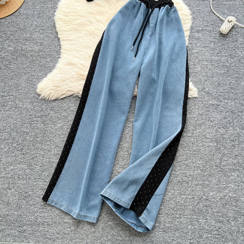 Completo da donna alla moda, estivo, retrò, a maniche corte, con cuciture, casual, con vita alta, pantaloni in denim a gamba larga, due pezzi._voghion.com