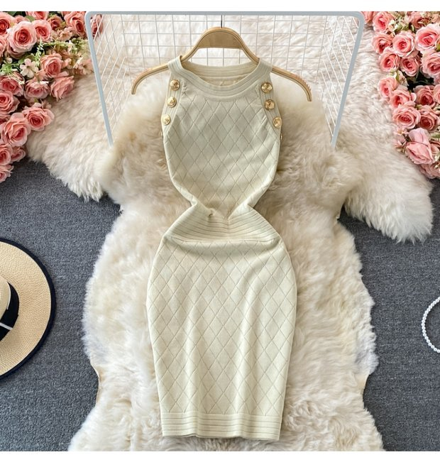 Damen Rundhals Ärmelloses Strick Neckholder Off-Shoulder Kleid Sexy Hüftbetontes Kurzrockkleid_voghion.com