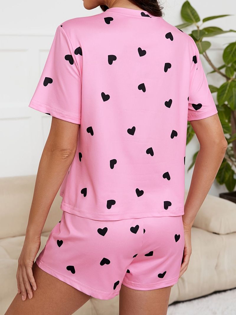 Damski swobodny zestaw piżamowy, okrągły dekolt, nadruk z krótkim rękawem i wzorem Love Pattern_voghion.com