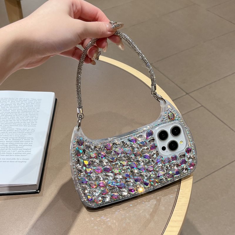 High-end Crystal Bag With Single Shell Same Style Flash Diamond Strap Phone Case For IPhone 16 Pro Max 15 Pro 14 13 12 11 Case_voghion.com