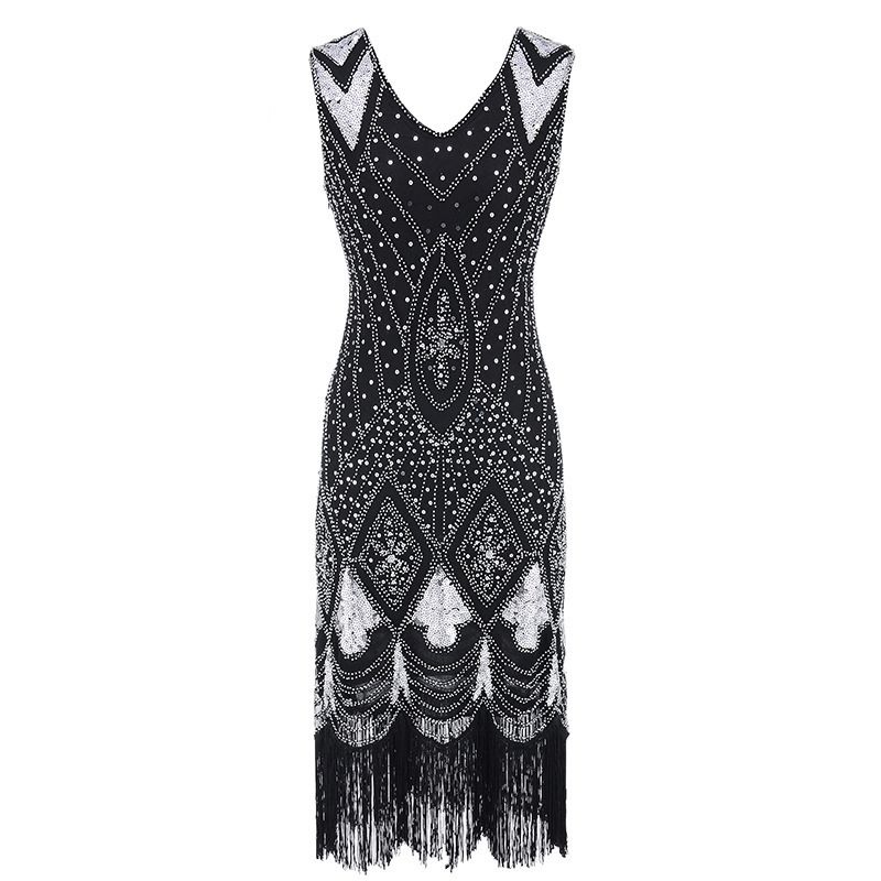 Rochie elegantă cu ciucuri și decolteu în V, în stilul anilor 1920, cu paiete_voghion.com