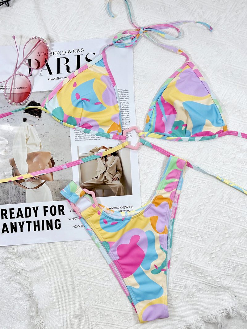 Outer swimsuit print sexy bikini women's split swimsuit triangle bikini set_voghion.com