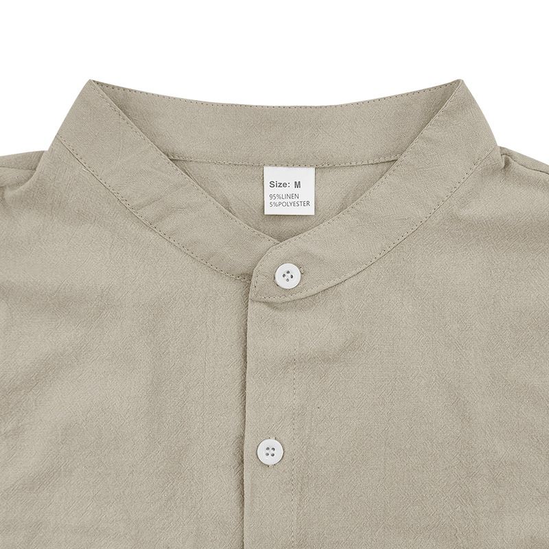 Camisa de lino de manga corta para hombre, nueva, de color liso, con cuello alto y bolsillo, holgada, informal_voghion.com
