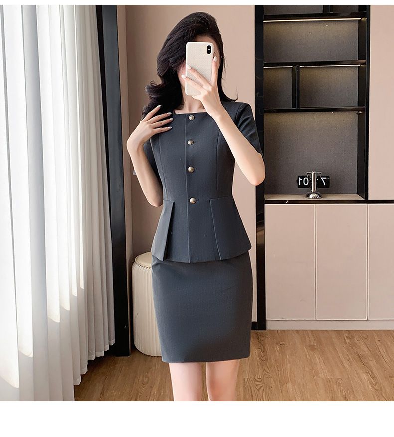 Abito professionale grigio a maniche corte per donna, guida per negozi di gioielli, reception di saloni di bellezza, direttore d'hotel_voghion.com