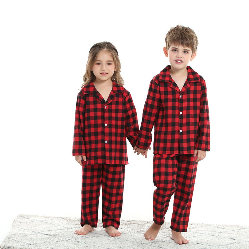 Autumn And Winter Homewear Children's Spring And Autumn Lapel Single-breasted Plaid Long-sleeved Pajamas Set_voghion.com