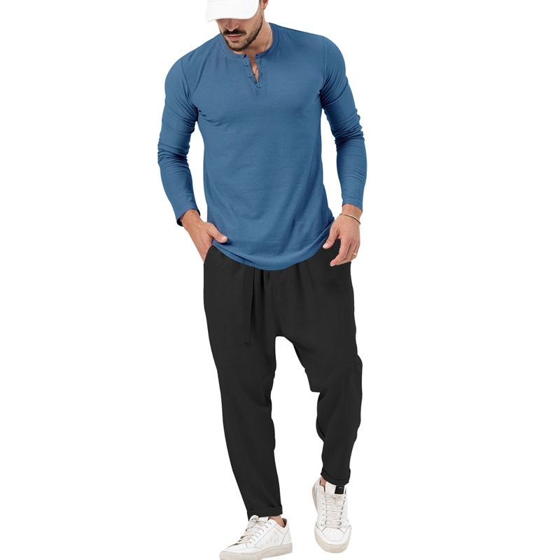 Men's solid color casual long-sleeved Henry T-shirt pantsuit_voghion.com