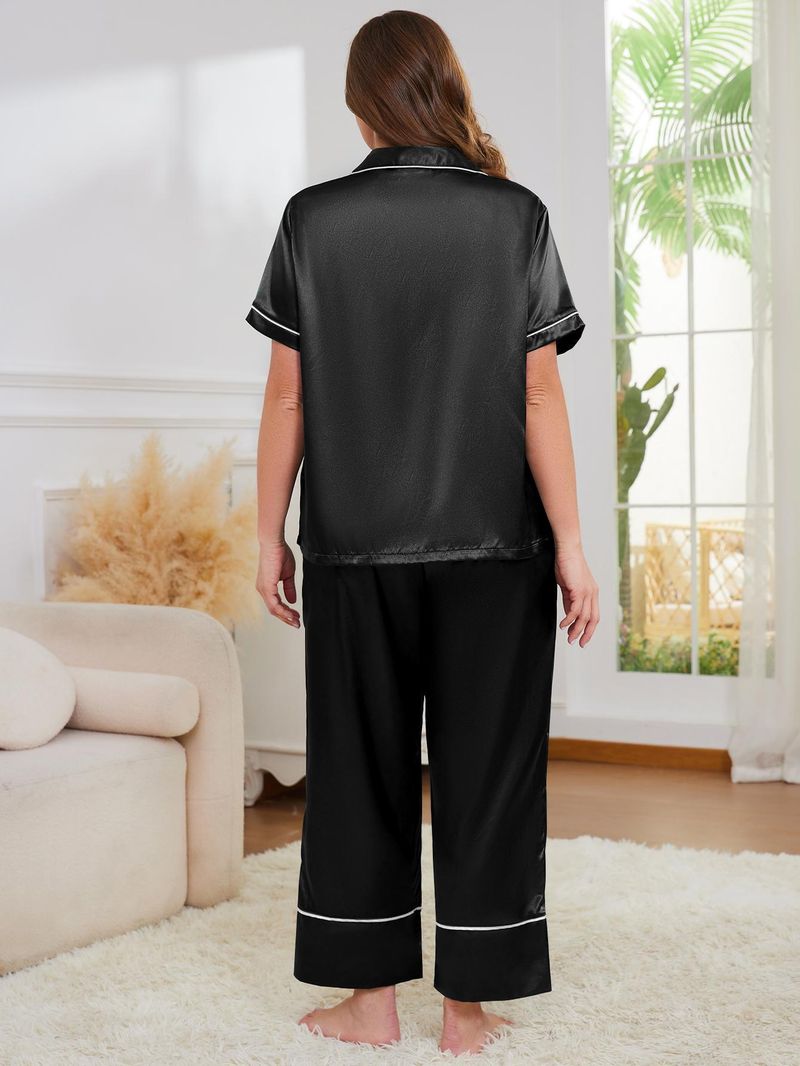Pigiama da donna di grandi dimensioni, estivo, semplice, casual, in seta, a maniche corte, con pantaloni, abbigliamento per la casa, set da due pezzi_voghion.com
