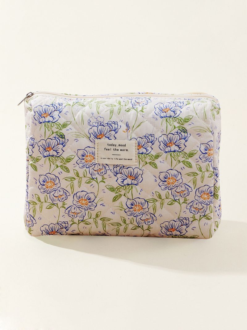 Borsa cosmetica trapuntata di media e grande capacità, piccola borsa portaoggetti floreale portatile in cotone trapuntato con fiori_voghion.com