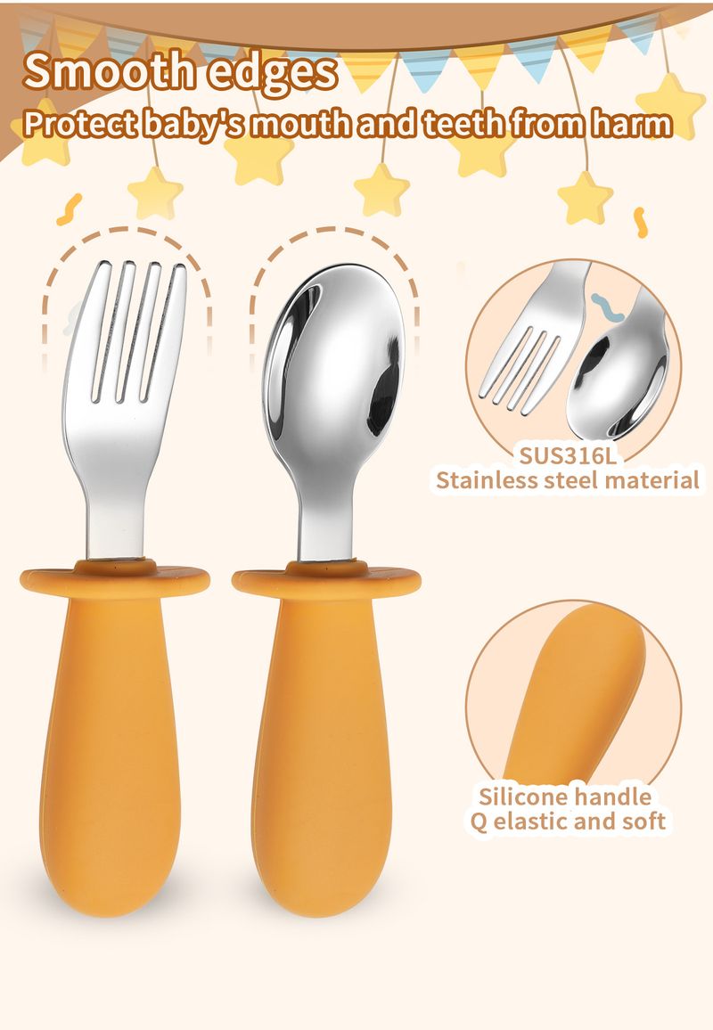 Conjunto de 3 peças de faca, garfo e colher infantil de aço inoxidável 316 com cabo curto de silicone para mãe e filhos, colher para comer infantil, utensílios de mesa portáteis_voghion.com
