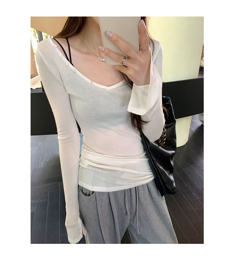 Camiseta feminina de manga comprida com decote em V e listras largas, estilo novo de outono, base de camada interna adelgaçante que aperta a cintura_voghion.com