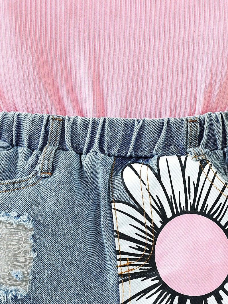 Adorabile completo in denim con stampa floreale per bambine - Pantaloncini in morbido cotone e canotta per bambine (3-8 anni, 90-130 cm)_voghion.com
