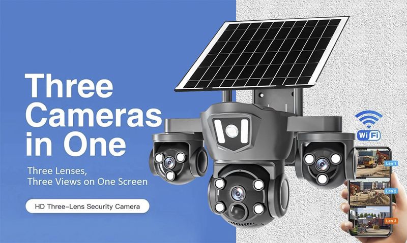 Câmera de segurança PTZ de 4 lentes alimentada por energia solar - WiFi/4G externo, Ultra HD, sem necessidade de fiação_voghion.com