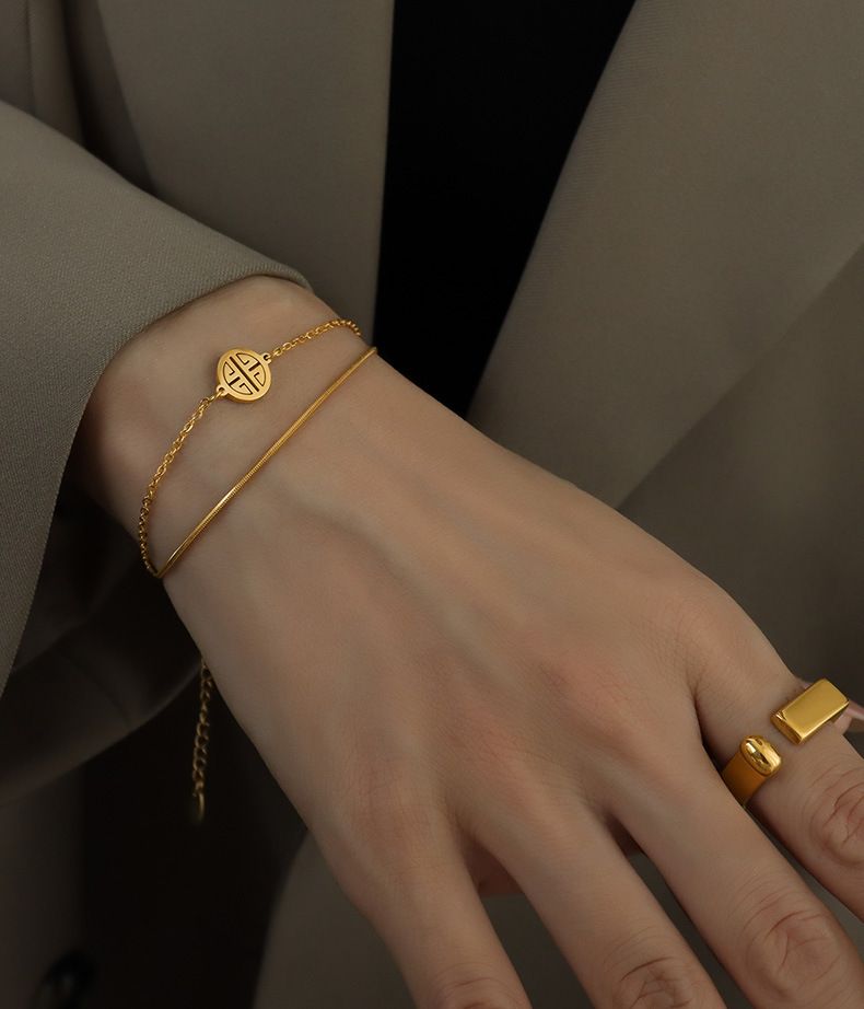 Chinese style Bracelet happy character snake chain double layer titanium steel gold design feeling bracelet female_voghion.com