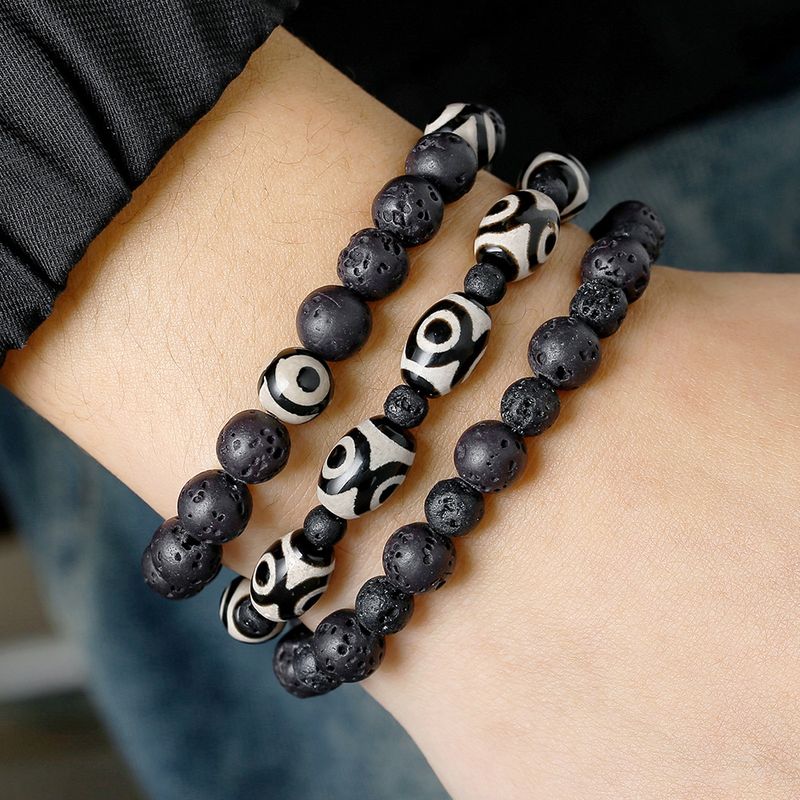 ImitationDzi Bead Herren Naturstein Armband Set Schwarz Set Stapelarmband All Match Beliebtes elastisches Armband Herren_voghion.com