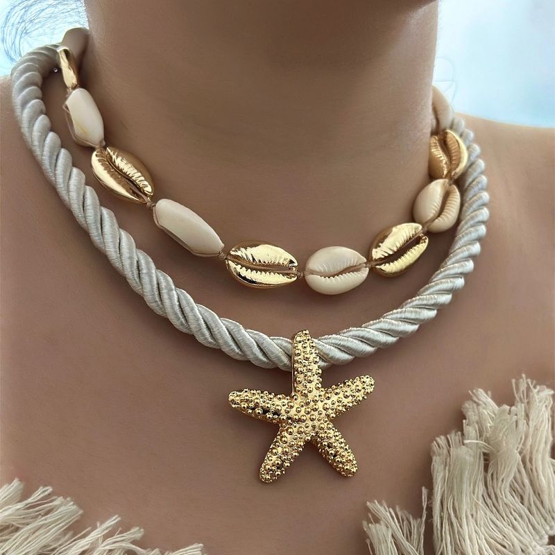Gold Exaggerated Beach Style Alloy Accessories Handmade Shell Starfish Necklace Women's Collarbone Chain_voghion.com