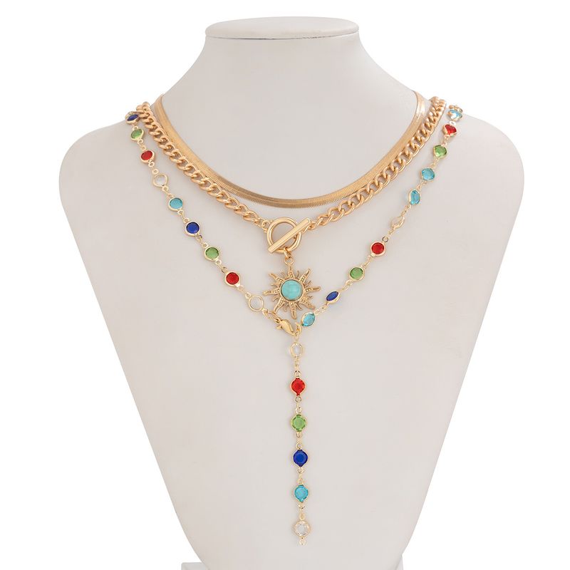 Ins Style Colorful Crystal Snake Bone Chain Necklace, Simple Turquoise Sun Pendant Set, Layered Necklace Accessory_voghion.com
