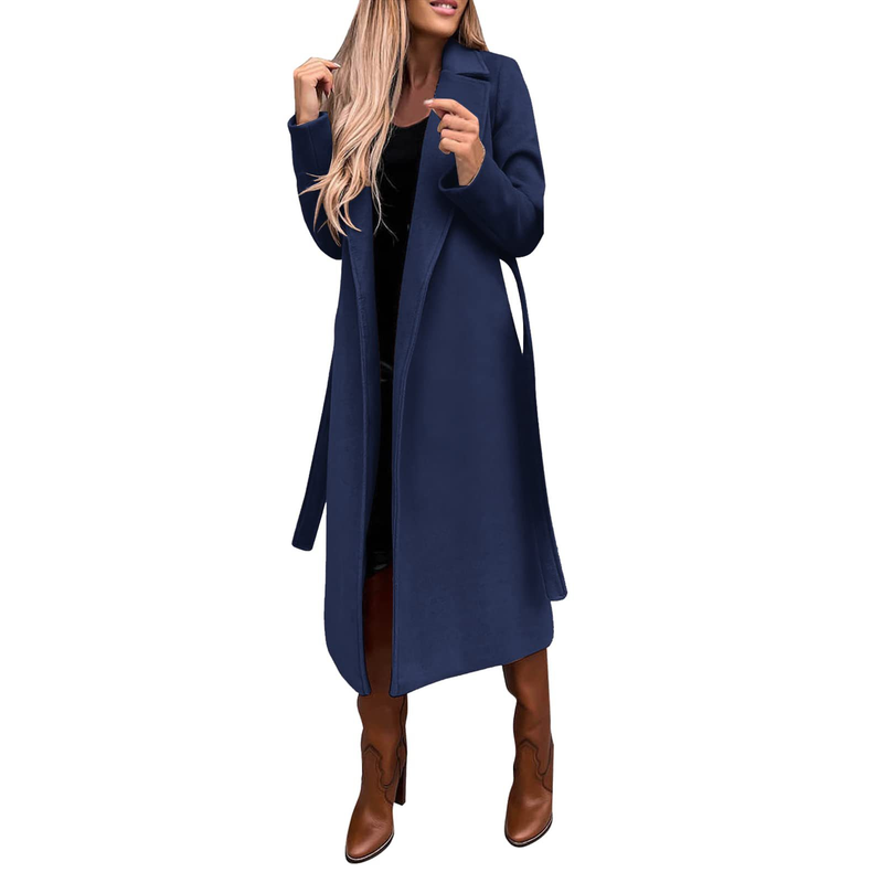 Autumn and winter women's solid color lapel long-sleeved woolen jacket simple strappy windbreaker_voghion.com