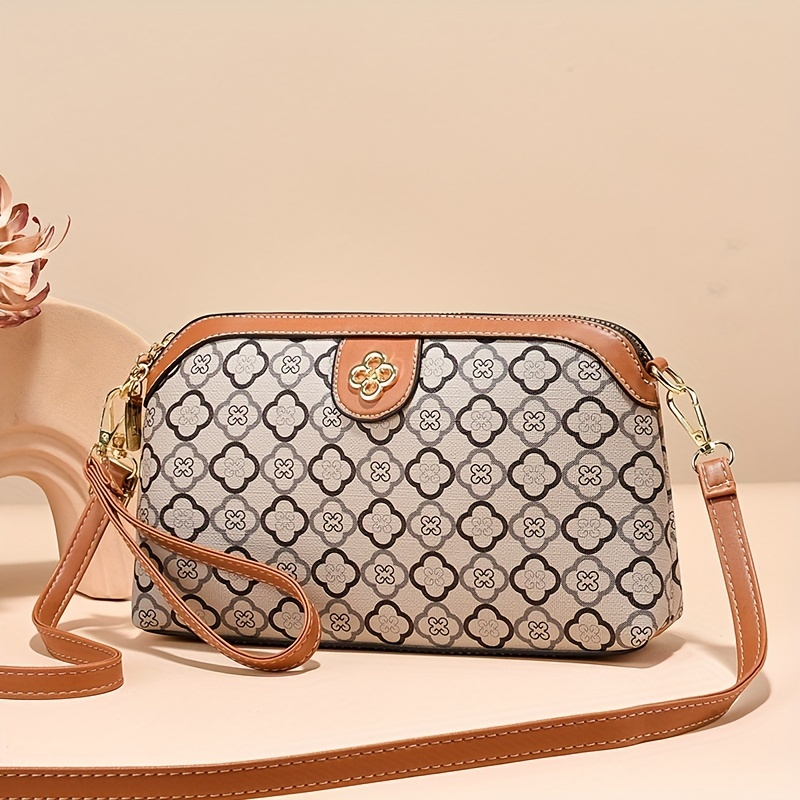Vintage geometriskt tryck Crossbody-väska, Retro PU-läderväska, Casual axelväska för kvinnor och handväska_voghion.com