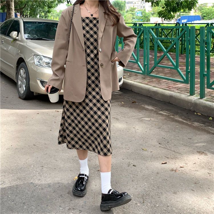Plus Size Damen Blazer Jacke Frühherbst Mode Anzug Elegantes kariertes Trägerkleid Zweiteiliges Set_voghion.com